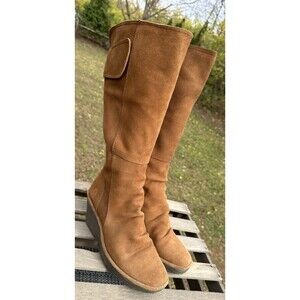 Fly London Yulo Wedge Tall Knee High Boots Womens Size 39 Camel Brown Suede